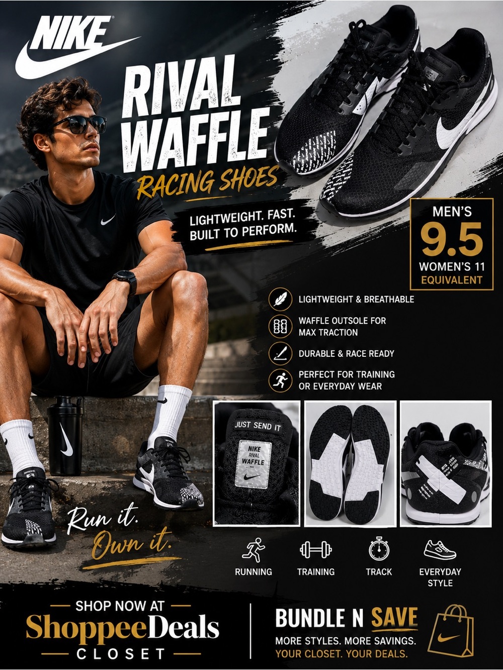 Nike Rival Waffle Racing Shoes – Black/White
Style Code: DX7998-001